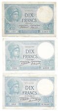 Lot 3 notes Banque de France 10 Francs Minerve 1917-1922-1927 VF
