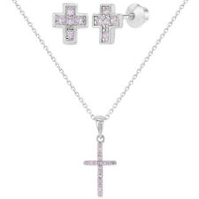 En Argent Sterling 925 Rose Cz Croix Collier et Boucles D'Oreilles pour Enfants