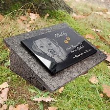 GRANIT Grabstein Doppel Grabplatte+Stützen 60x40 cm Foto+Text Gravur Hund-gg16s