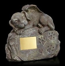 Tier Urne - Hunde-Engel auf Stein mit Gravurplatte Steinoptik - Hunde Urne Deko 