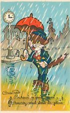 CP ILLUSTREE CHANSON CHAT HUMANISE CHANTANT SOUS PARAPLUIE SOUS LA PLUIE