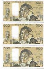 Lot 3 notes Banque de France 500 Francs Pascal 1973-1974-1975 Fine+