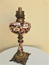 IMPORTANTE LAMPE A PETROLE EMAUX DE LONGWY MONTURE BRONZE - 65 CM -  XIX° SIECLE