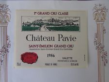 & RARE ETIQUETTE St-EMILION 1er GRAND CRU CLASSE CHATEAU PAVIE 1986