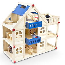 Möbliertes Puppenhaus Villa aus Holz mit 3 Etagen Balkon Möbeln und Puppen NEU