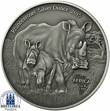 Afrika Serie Kongo 1000 Francs Silber 2015 Antique Finish Nashorn mit Jungtier