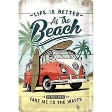 PLAQUE METAL EMAILLEE NEUVE 20 X 30 cm : VW VOLKSWAGEN T1 BULLI A LA PLAGE