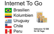 Prepaid Daten SIM Brasilien, Kolumbien, Uruguay, Chile & Peru + 12 GB 30 Tage