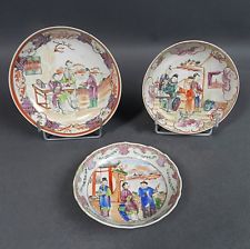 Chine Canton 3 Sous-tasses Porcelaine 19ème Décor Mandarin