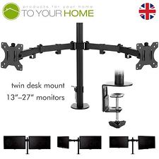 Double Twin Arm Desk Mount Bracket LCD Computer Monitor Stand 13”-27” Screen TV