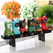 6 Pièce Multicolore Figurine Statue de Chat en Bois Sculpture Décoration Cadeau