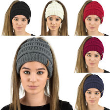 LADIES WOMENS SOFT PLAIN COLOUR PONYTAIL MESSY BUN RIBBED WINTER BEANIE HAT CAP