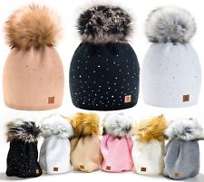 Women Ladies Winter Beanie Hat Warm Knitted With Small Crystals Large Pom Pom UK