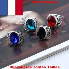 BAGUE CHEVALIERE RUBIS SAPHIR ONYX ROUGE BLEU NOIR TURQUOISE HOMME ACIER ARGENT