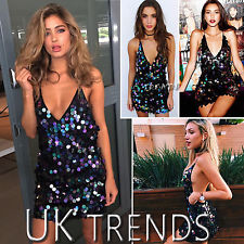 UK Womens Sequin Plunge Halter Cross Back Bodycon Ladies Mini Christmas Dress