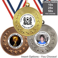 FOOTBALL BIRTHDAY PARTY METAL MEDALS 50mm, PACK OF 10 RIBBONS INSERTS OWN TEXT 