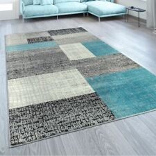 Designer Wohnzimmer Teppich Modern Kurzflor Karo Design Türkis Grau Weiß