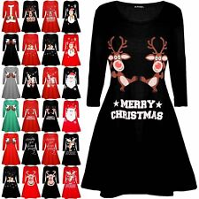 Women Ladies Christmas Xmas Reindeer Wall Snowman Naughty Girls Swing Mini Dress