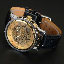 Squelette Montre Mecanique Automatique Homme Acier Boîtier Bracelet Noir Cuir