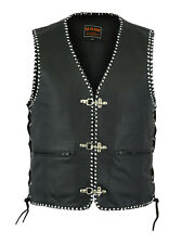 MEN REAL LEATHER FISH HOOK BUCKLE SIDE LACE MOTORCYCLE WAISTCOAT - BLACK