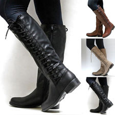 Femmes Genou Haute En Cuir Rivet Côté Lacet Jusqu'à Zip Riding Motocycle Bottes