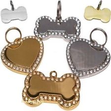 Engraved Pet Tags Dog / Cat  ID Diamontee Bling Bone/Heart Shaped FREE Engraving