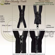 ZIP CHUNKY TEETH PLASTIC CLOSED END NO 8 ZIPPER OPENED END HEAVY DUTY 5" - 65"