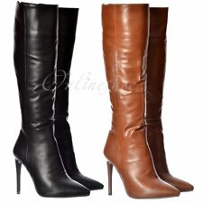 Womens Stiletto Work Party High Heel Pointed Toe Knee High Boot Black Brown Size