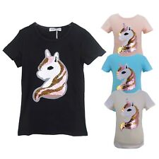 Girls Kids Sequin Reversible Lit Pony Brush Changing Sequins Top T-Shirt 4-14 Yr