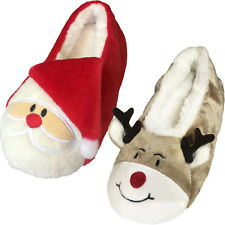 LADIES WOMENS FLUFFY CHRISTMAS XMAS FESTIVE NOVELTY FLEECE LINED SANTA SLIPPERS