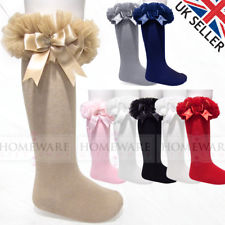 GIRLS BABY TUTU SOCKS SPANISH KNEE HIGH SATIN BOW SOCKS SOFT FRILLY KIDS 0-6 Y